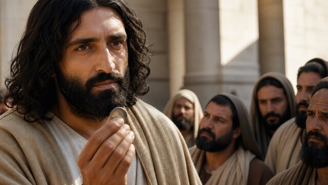 Man holding silver roman denarius coin before crowd in ancient temple courtyard. Biblical teaching about rendering to caesar and to god concept