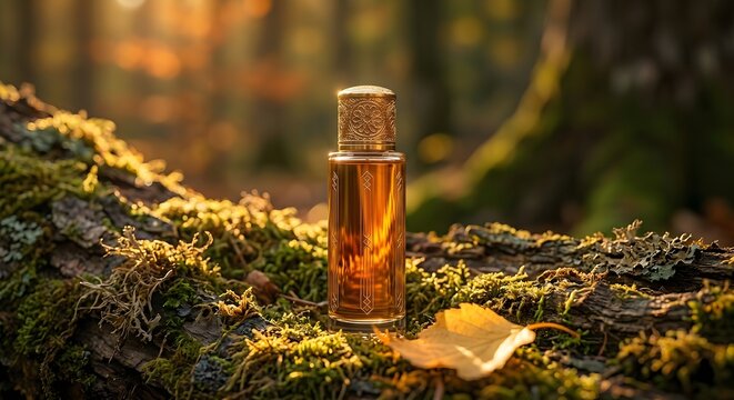 Amber Glass Perfume Spray Bottle Resting on Mossy Tree Bark in Sunlit Forest Nature Setting