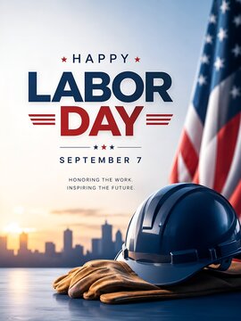 Labor day celebration with american flag and city skyline