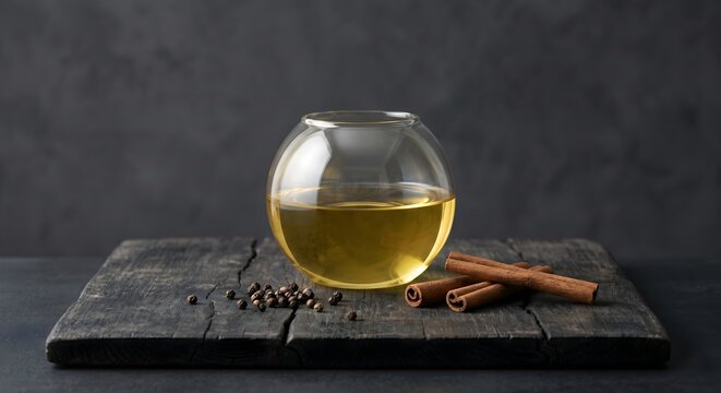 Spherical Clear Glass Perfume Bottle with Golden Oil beside Cinnamon Sticks and Spices on Dark Slate