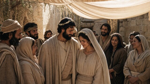 Young bride and groom under wedding canopy surrounded by smiling family and guests celebrating marriage in ancient biblical village. Earthly joy and tradition concept