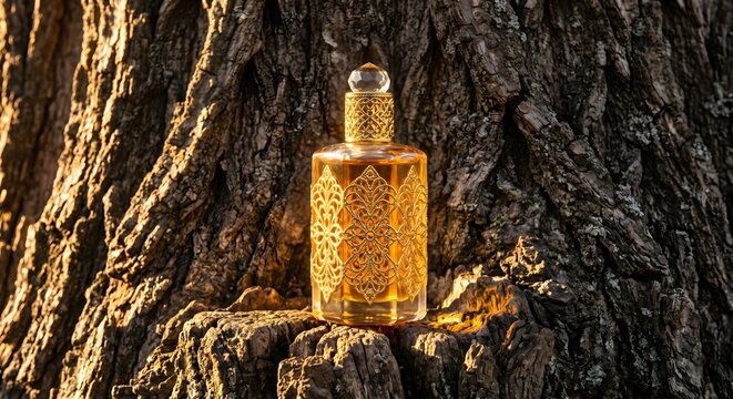 Ornate Golden Arabian Perfume Bottle with Filigree Pattern Resting on Rough Tree Bark Texture