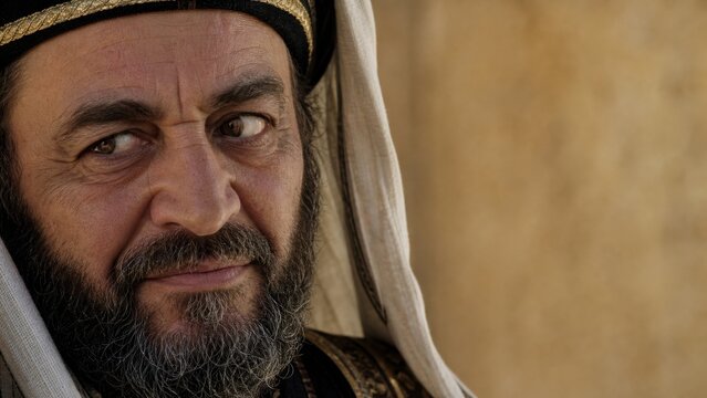 Close-up portrait of bearded man in ancient hebrew headdress with sly sidelong glance. Biblical scribe skepticism and hypocrisy concept for scripture teaching.