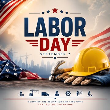 Labor day celebration with construction tools and helmet