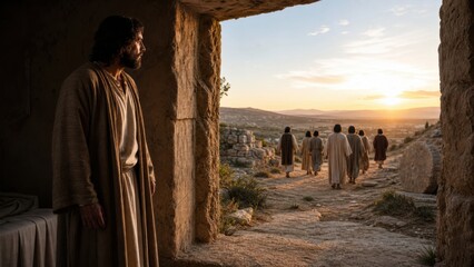 Fototapeta premium Man standing in ancient tomb doorway at sunrise watching group walking away. Resurrection and eternal life concept with biblical hope and faith