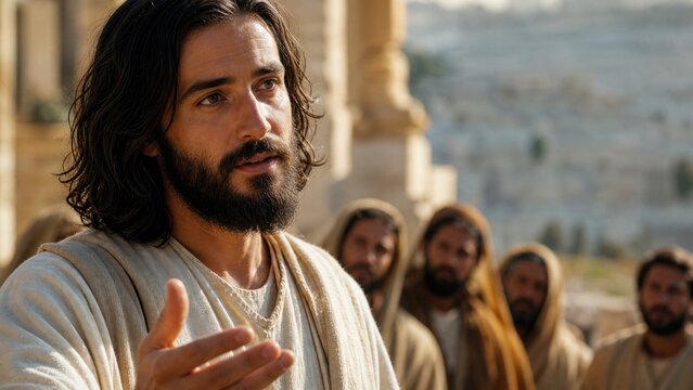 Bearded man in ancient robe teaching disciples in temple courtyard. Biblical sermon and spiritual wisdom concept for religious education and christian faith