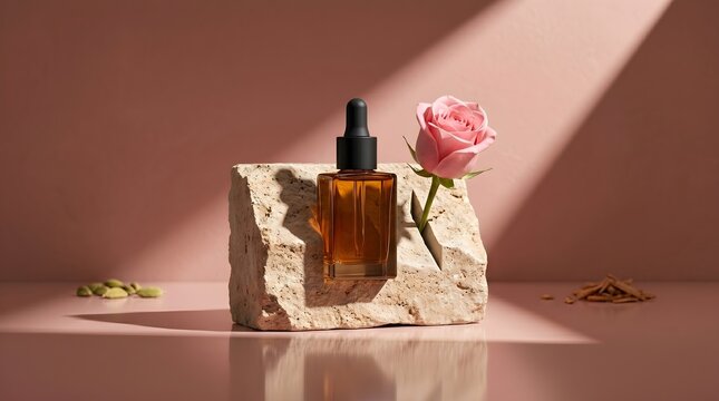Amber Glass Dropper Bottle on Rough Stone Block accompanied by Fresh Pink Rose in Sunlight