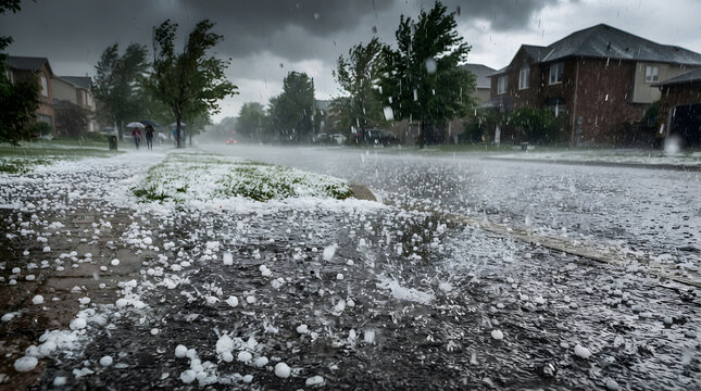 Severe hailstorm with large hail stones falling on a suburban street during a summer storm