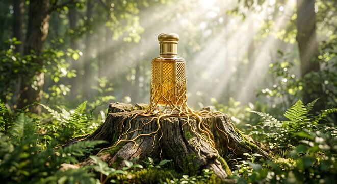 Ornate Gold Perfume Bottle Standing on Mossy Tree Roots illuminated by Forest Sunbeams