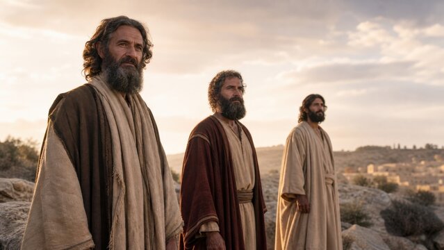 Three bearded men in ancient robes standing on rocky desert hill at sunrise. Biblical patriarchs Abraham Isaac and Jacob alive before