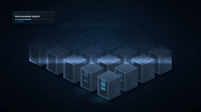 Isometric server racks build from particles while a provisioning bar reaches all online