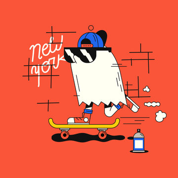 Skateboarding Ghost Character in New York &ndash; Urban Street Art Illustration