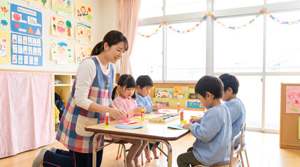 Fototapeta premium Preschool Teacher Guiding Young Children in Art Activity