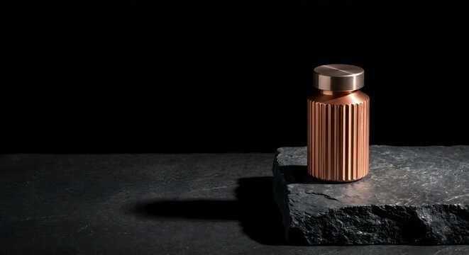 Minimalist Metallic Rose Gold Cylindrical Fragrance Spray Bottle Standing on Dark Slate Stone