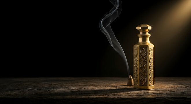 Elegant Gold Carved Perfume Bottle with Wisps of Burning Incense Smoke on Dark Rustic Surface