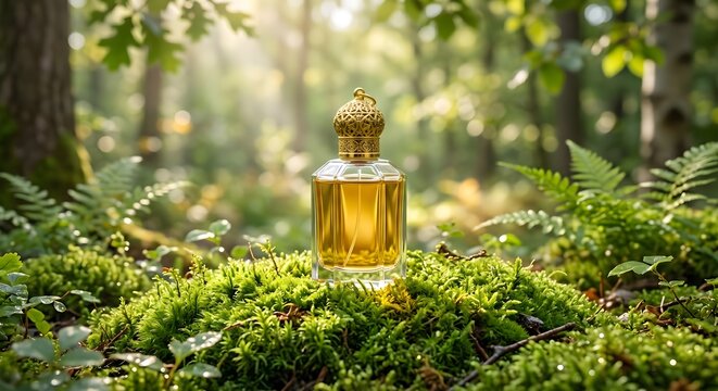 Ornate Gold Fragrance Bottle Nestled in Lush Moss and Ferns in Sunlit Green Forest