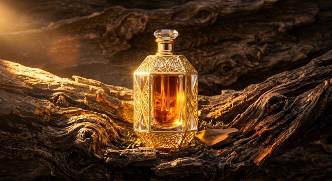 Intricate Geometric Gold Fragrance Bottle Resting on Weathered Tree Bark in Warm Sunlight