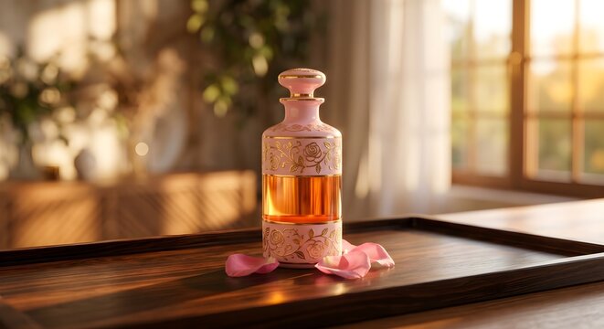 Elegant Vintage Pink Floral Perfume Bottle on Dark Wooden Tray with Scattered Rose Petals