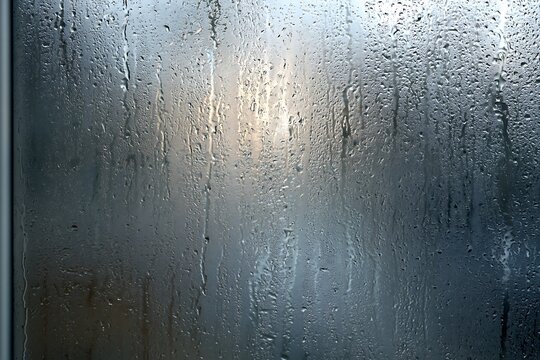 Raindrops on window glass with condensation and moody grey weather tone