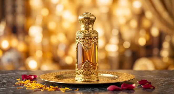 Ornate Gold Carved Attar Oil Bottle Standing on Brass Tray with Yellow and Red Flower Petals