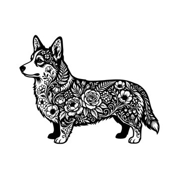 Floral patterned corgi silhouette vector illustration, Corgi floral pattern silhouette