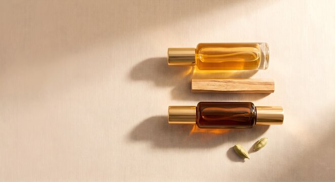 Flatlay of Two Glass Roll-On Perfume Bottles with Sandalwood Sticks and Cardamom Pods on Linen