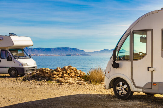 Camper on sea shore. Mediterranean region of Mazarron in Murcia Spain.