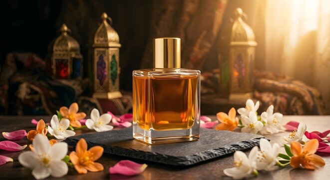 Golden Fragrance Spray Bottle on Dark Slate surrounded by Colorful Blossoms and Lanterns