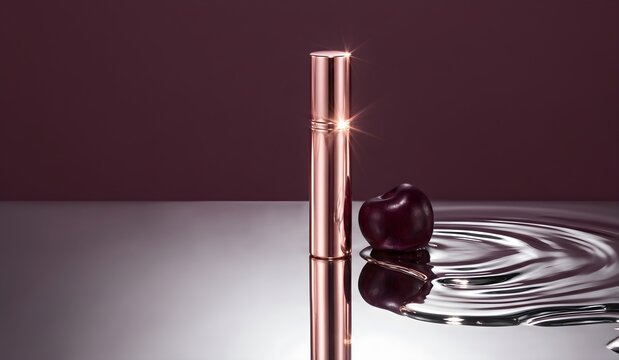Sleek Metallic Rose Gold Fragrance Spray Bottle beside Dark Plum on Reflective Surface