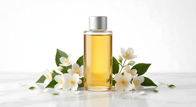 Glass Perfume Spray Bottle filled with Golden Liquid surrounded by Blooming Jasmine Blossoms