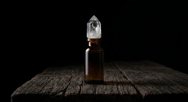 Amber Glass Essential Oil Bottle topped with Crystal Quartz on Weathered Wooden Surface