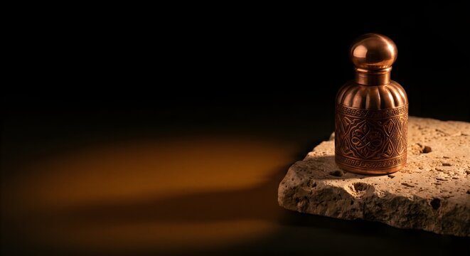 Antique Copper Engraved Perfume Bottle Resting on Rough Stone Pedestal with Warm Side Light
