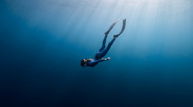 Freediver Swimming Underwater with Long Fins in Deep Blue Ocean