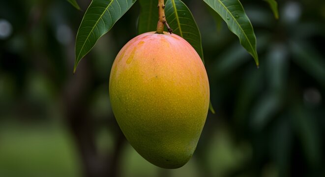 Fresh ripe mango hanging from a lush green tree branch in an orchard with tropical, agriculture
