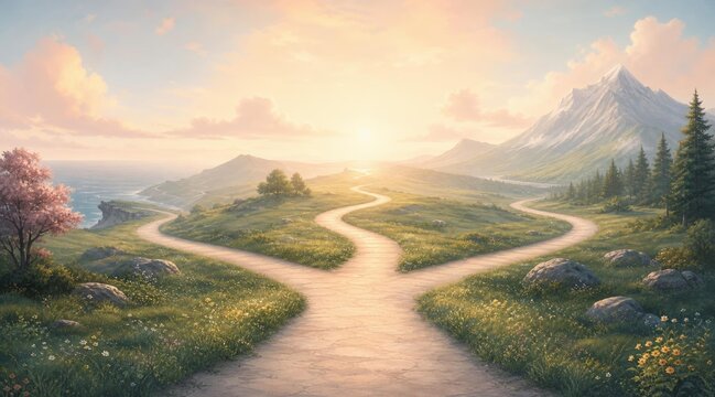 Crossroads with three paths leading to ocean valley and mountain peaks.