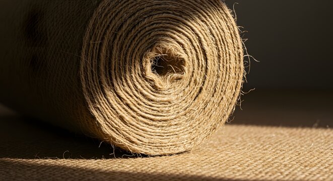 Natural jute fabric roll on textured surface with eco friendly material background close-up