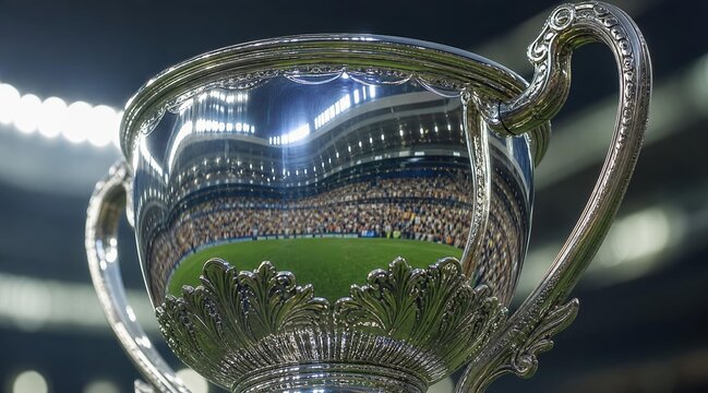 Silver championship trophy cup reflecting a soccer stadium at night.