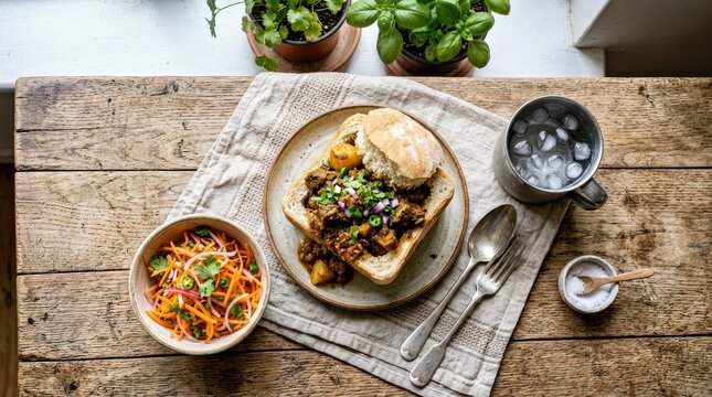 Open Faced Sandwich With Slaw on Wooden Table