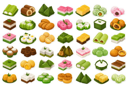 Collection Of Asian Traditional Desserts And Rice Cakes Icons Set