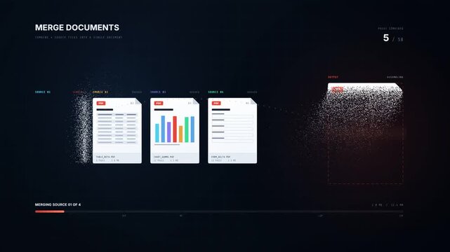 Four source documents dissolve into particles and merge into a single output PDF file