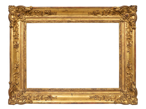 Rectangular heavy baroque gold picture frame on a transparent background