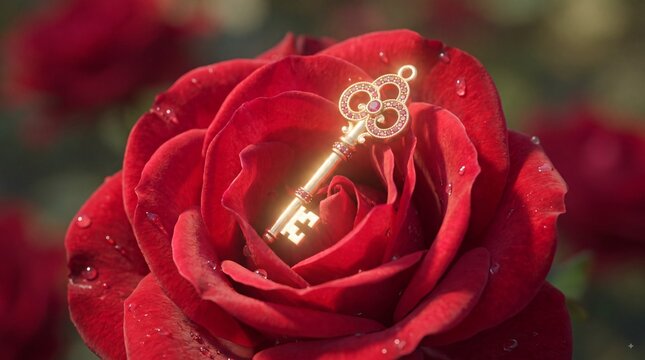 Vintage ornate golden key resting in blooming red rose