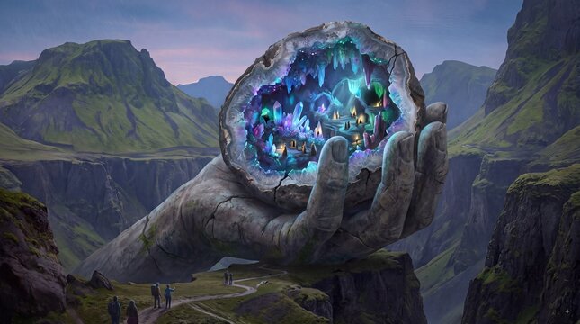Giant Stone Hand Holding Glowing Crystal Geode in Mountains