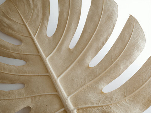 Macro view of a dried Monstera deliciosa leaf showcasing neutral beige organic texture and veins