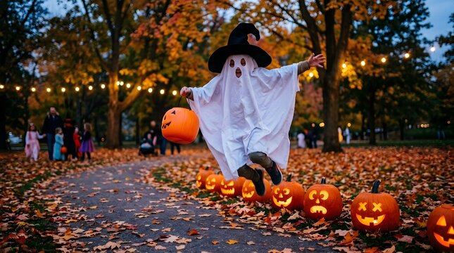 Playful child in ghost costume jumping in autumn park, happy kid trick or treating on Halloween night, spooky festive celebration