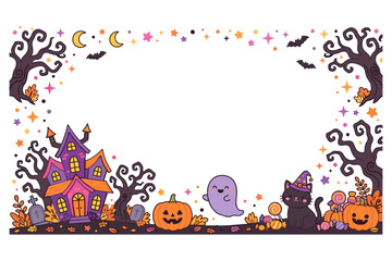 Fototapeta premium Cute Halloween Frame with Haunted House Ghost Pumpkin and Black Cat
