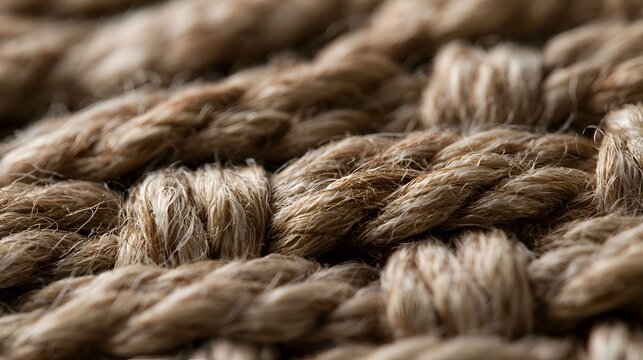 Close up of thick braided rope with natural fiber texture and warm earthy tones  showing detailed weave and tactile surface