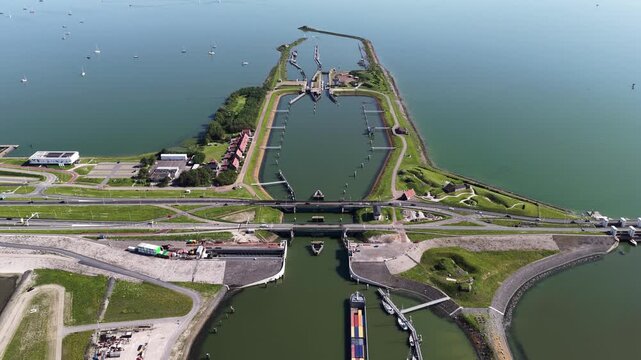 Aerial View of Lorentz Locks at the Afsluitdijk