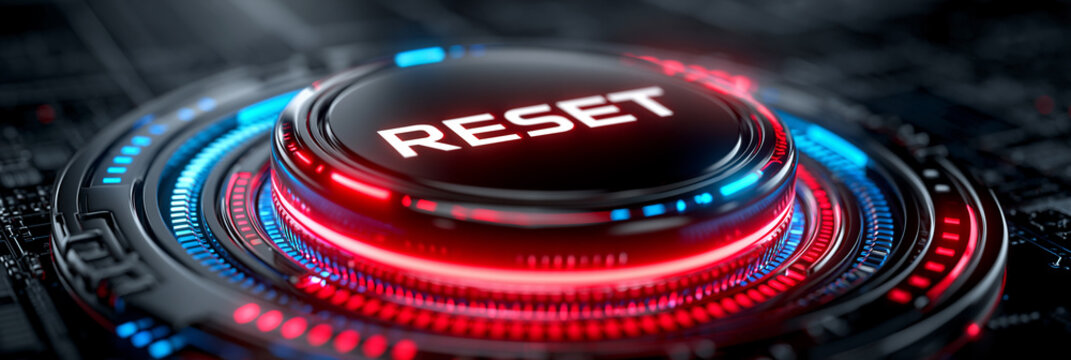 blue glowing reset button on metallic background, neon power reset switch technology concept, futuristic blue reboot button