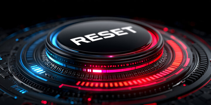 blue glowing reset button on metallic background, neon power reset switch technology concept, futuristic blue reboot button